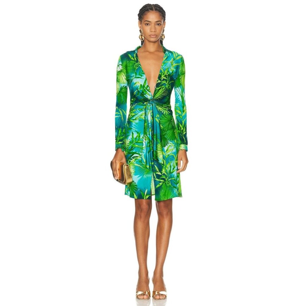 Versace FWRD Renew Knee-Length Dress in Green Palm 38 Womens Jersey Long Sleeve